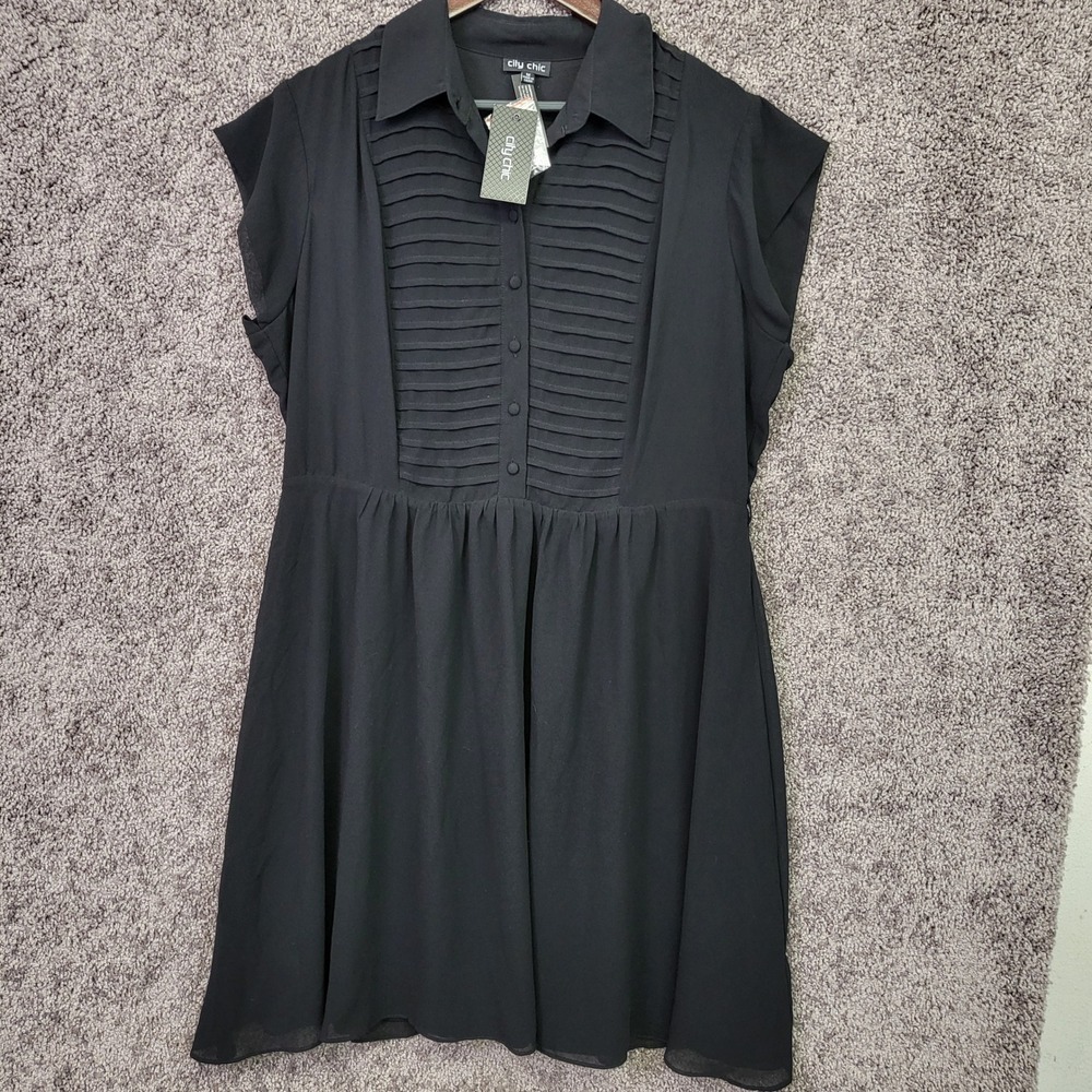 City Chic Dress Women M Black NEW Pleated Front Button Collared Cap 00091678